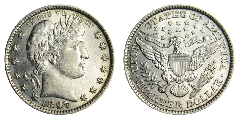 1897 Barber Quarter obverse and reverse showing Liberty head and heraldic eagle