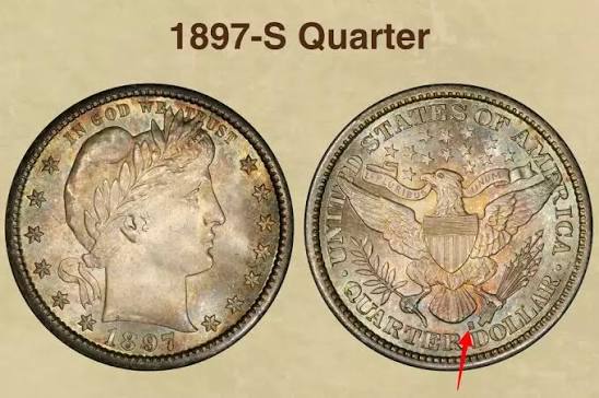 Side-by-side comparison of 1897 Philadelphia quarter (no mint mark) versus 1897-S quarter (S mint mark visible) on reverse