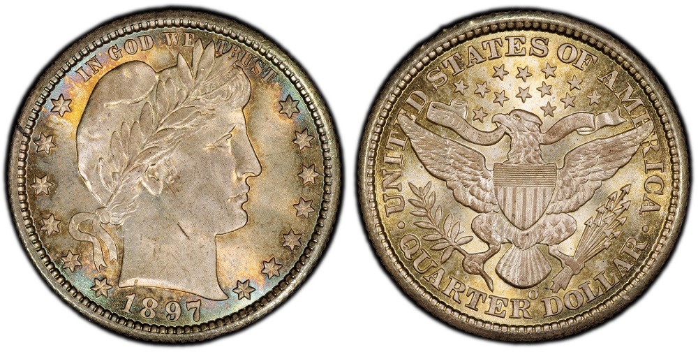 1897 Philadelphia Barber Quarter in gem mint state condition showing full cartwheel luster