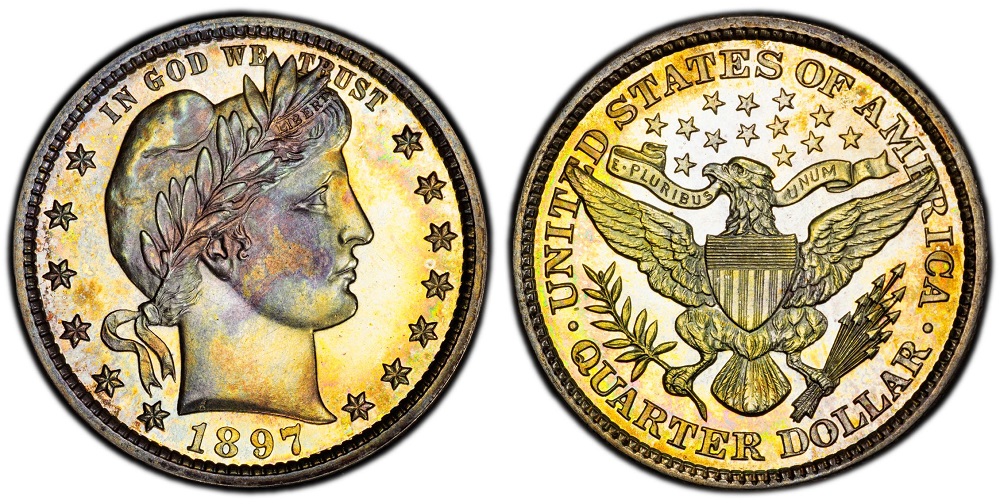 1897 Proof Barber Quarter showing mirrored fields and cameo contrast on Liberty head