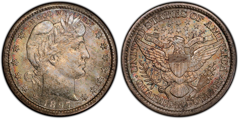 Group of 1897 Barber Quarters from Philadelphia, New Orleans and San Francisco mints displayed together