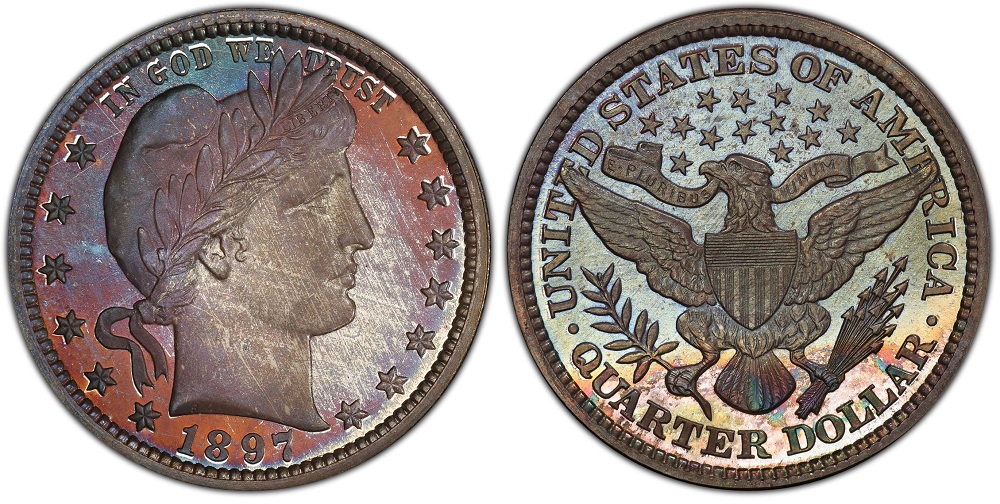 1897 Barber Quarter grading strip showing four condition tiers from worn Good to gem Mint State